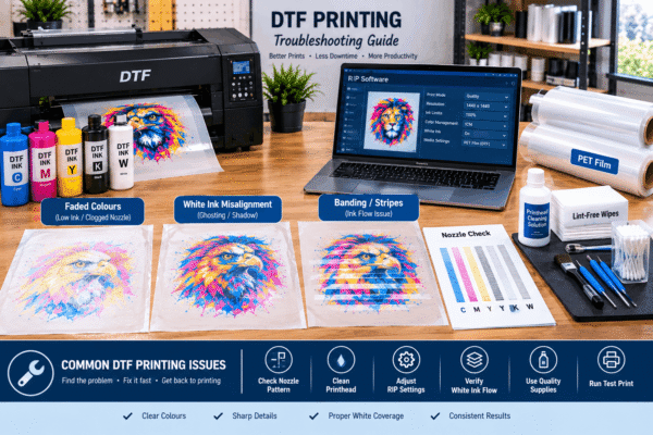 DTF print quality problems showing banding, missing colours, and uneven white ink