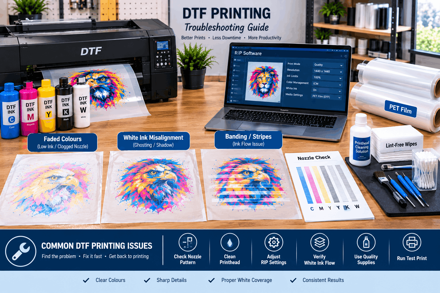 DTF print quality problems showing banding, missing colours, and uneven white ink