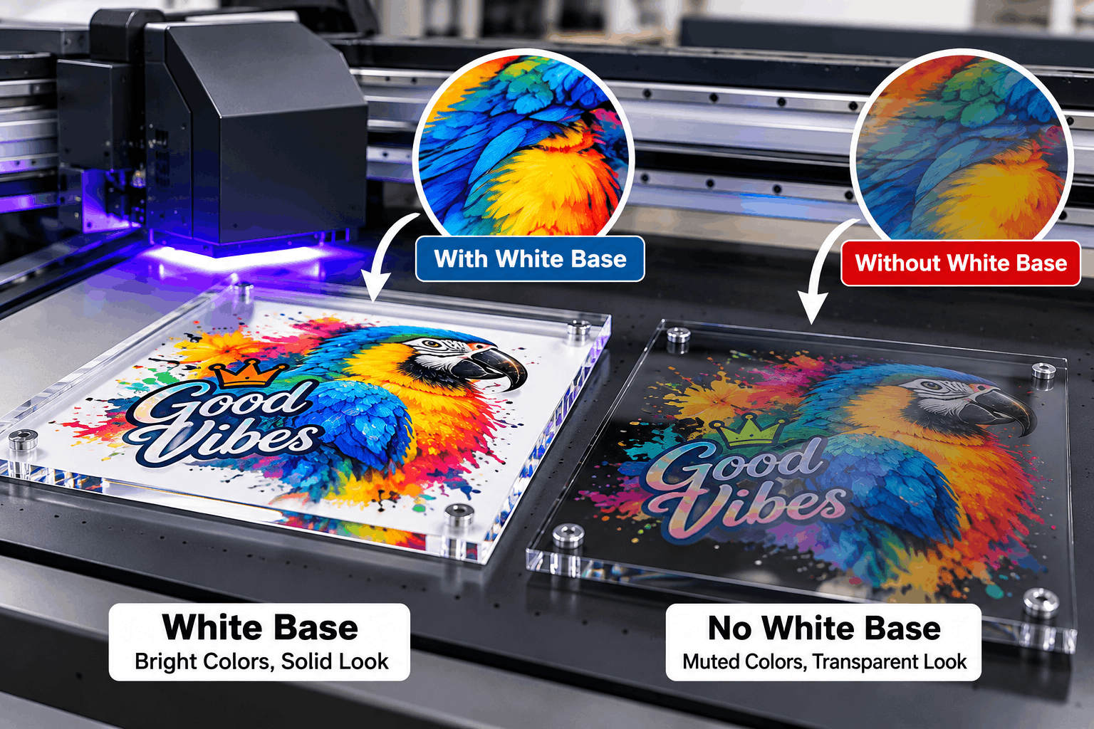 Tinta branca na impressão UV sobre materiais escuros e transparentes