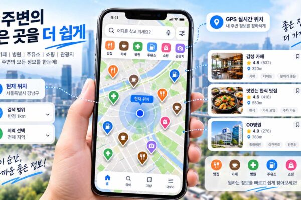 위치 기반 검색 원리와 주변 지역정보 탐색 과정을 보여주는 스마트폰 지도