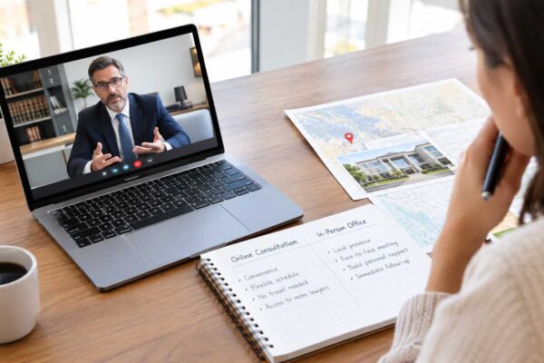 Comparing nearby vs out-of-area attorneys using remote consultation and local office travel options.