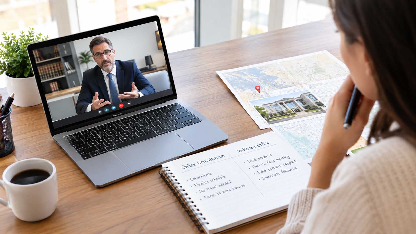 Comparing nearby vs out-of-area attorneys using remote consultation and local office travel options.
