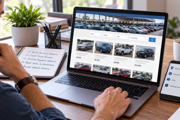 Buyer checking business details and payment security to verify an online car auction website before purchasing.