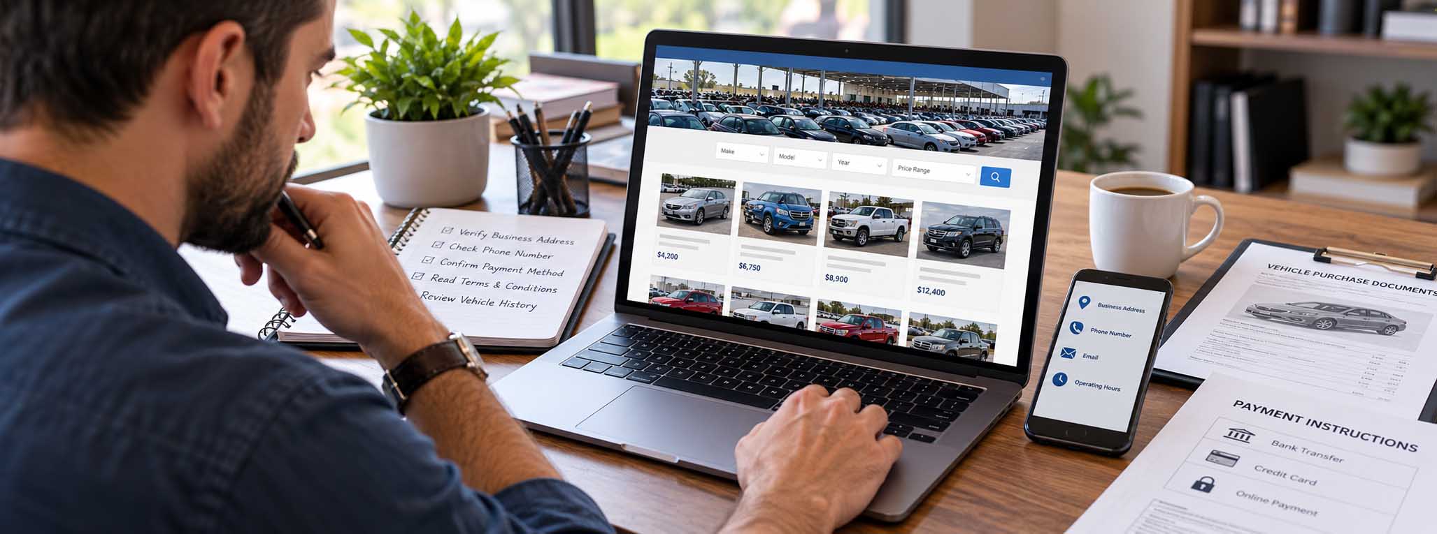 Buyer checking business details and payment security to verify an online car auction website before purchasing.